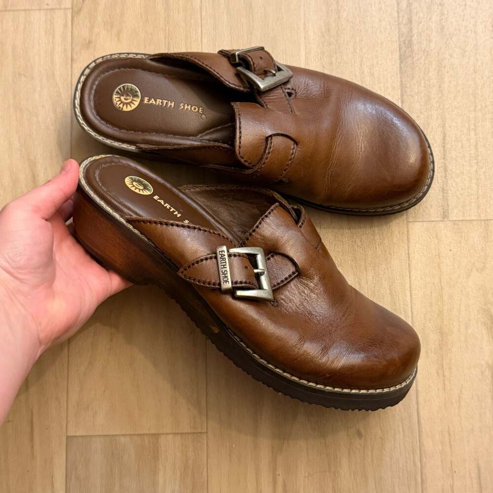 Earth Shoe Brown Leather Buckle Clogs Mule Shoes US Size 9
